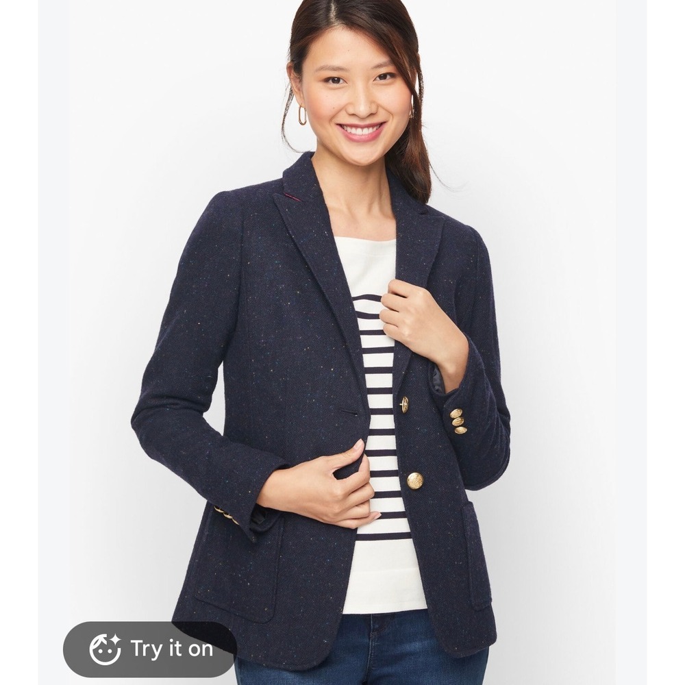 NWT Talbots Plus Navy Blue Donegal Tweed Wool Blend Blazer Gold Buttons 22W